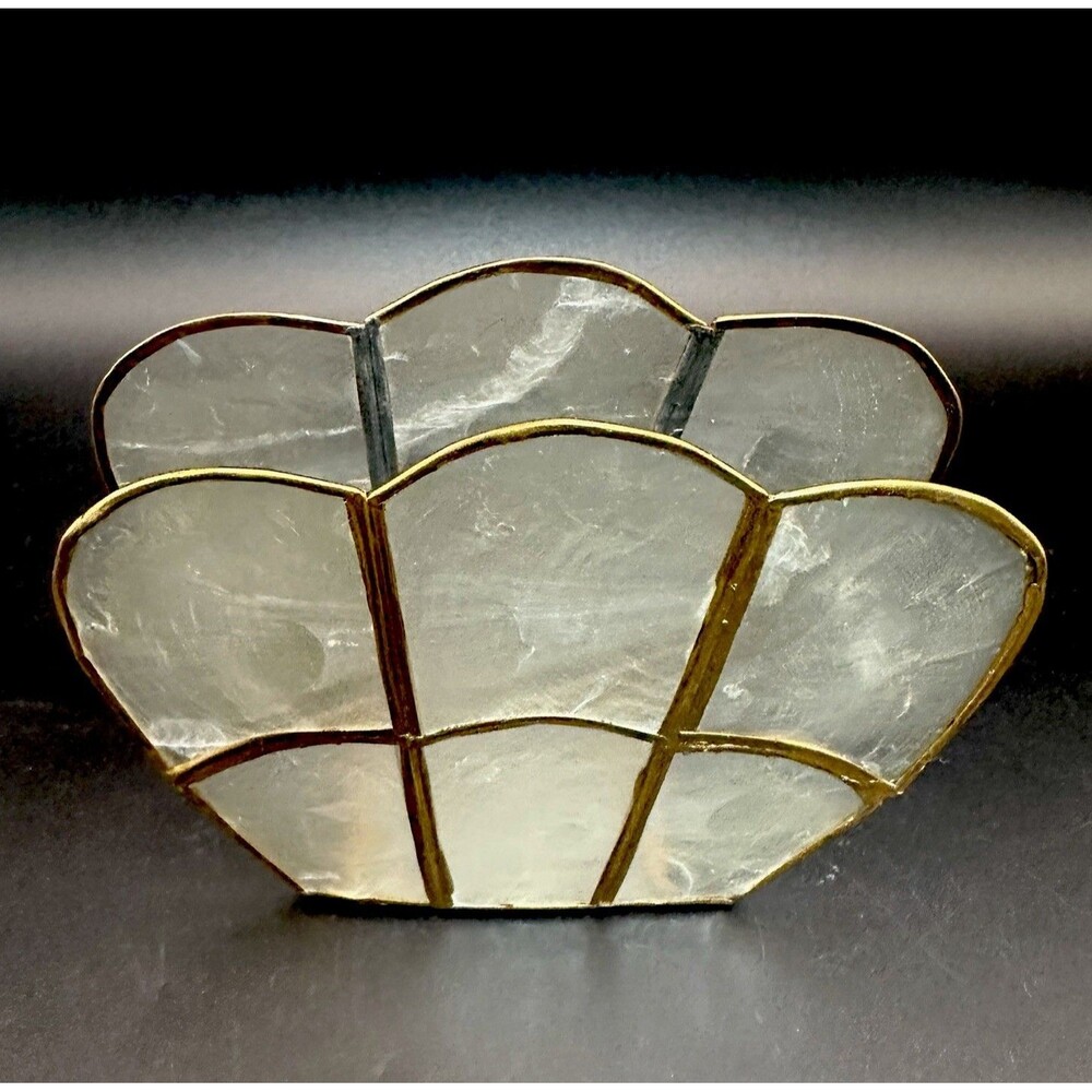 Vintage Capiz Shell Brass Napkin Holder Art Deco Fan Shaped Letter Holder